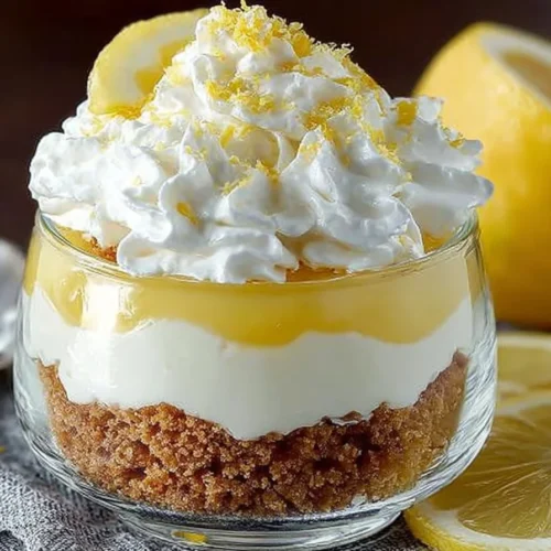 Delicious no bake lemon cheesecake parfaits in serving glasses garnished with lemon zest.
