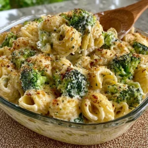 No-Boil Broccoli Pasta Bake served in a ceramic dish with melted cheese on top.