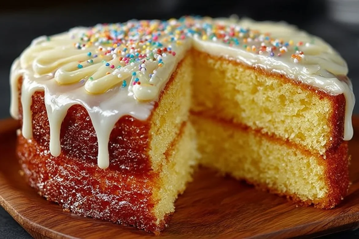 Slice of moist oil-based vanilla cake on a white plate