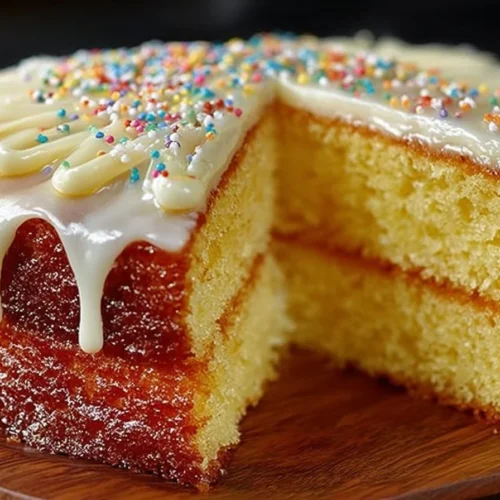 Slice of moist oil-based vanilla cake on a white plate