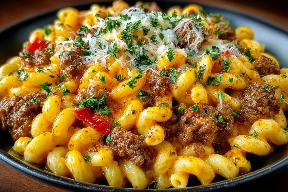 One Pot Cajun Beef and Cheddar Pasta served in a bowl