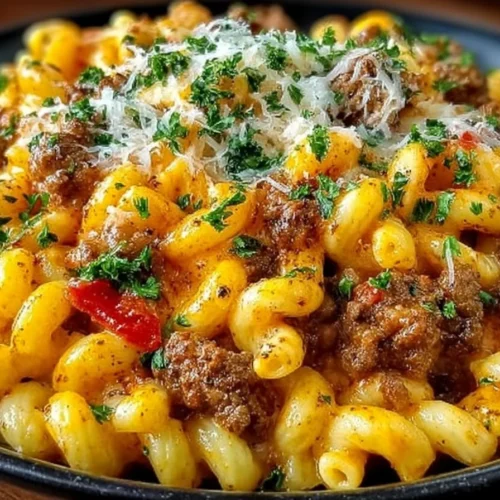 One Pot Cajun Beef and Cheddar Pasta served in a bowl