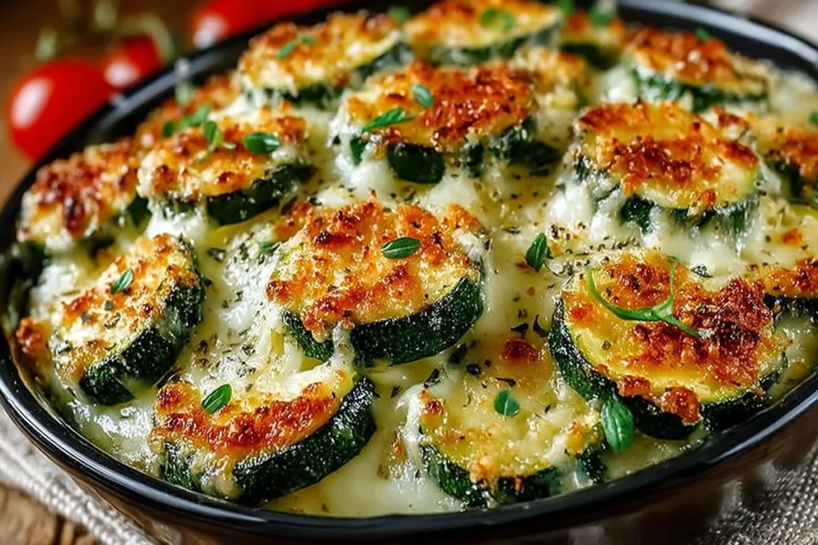 Oven baked zucchini slices topped with melted cheese, a tasty and healthy dish.