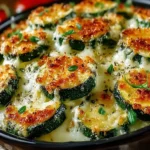 Oven baked zucchini slices topped with melted cheese, a tasty and healthy dish.