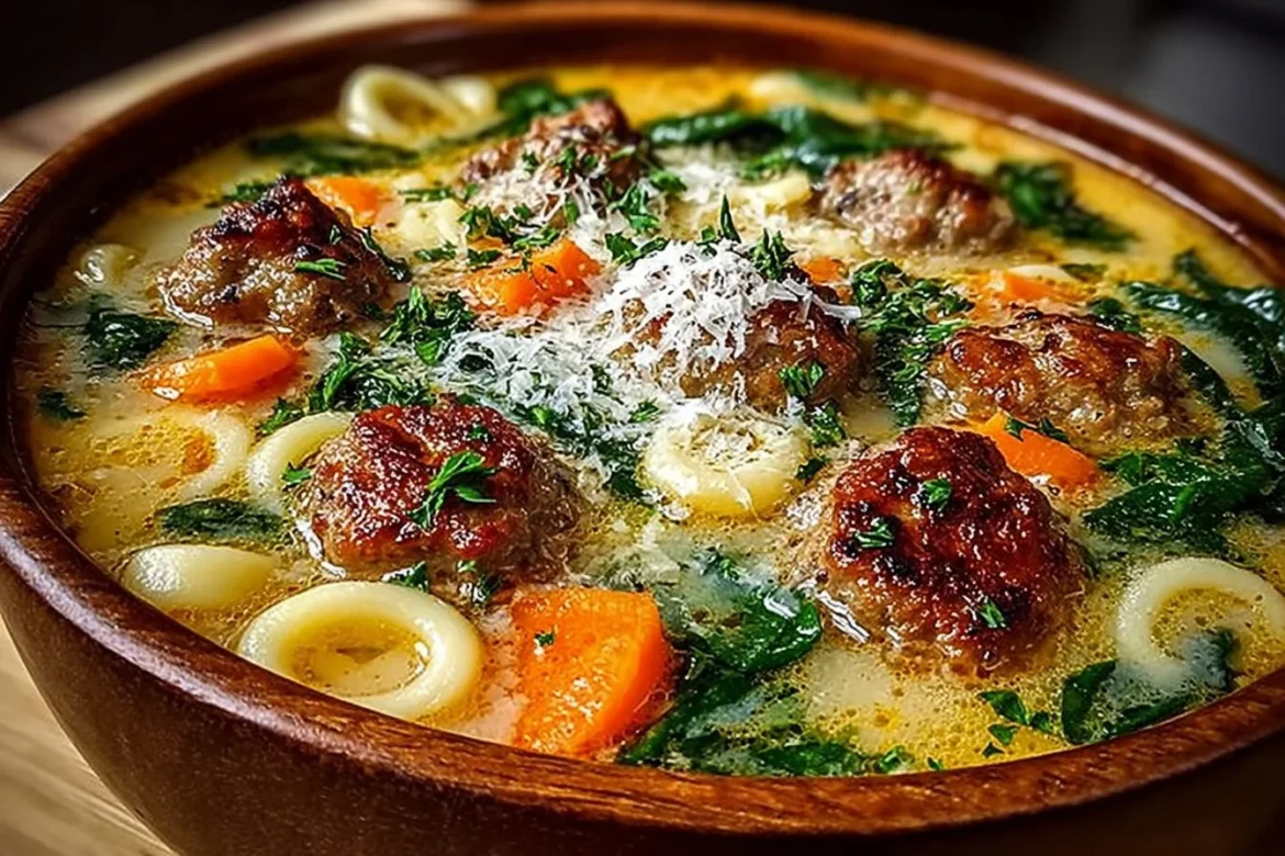 Bowl of Parmesan Italian sausage ditalini soup garnished with herbs