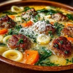 Bowl of Parmesan Italian sausage ditalini soup garnished with herbs