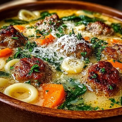 Bowl of Parmesan Italian sausage ditalini soup garnished with herbs