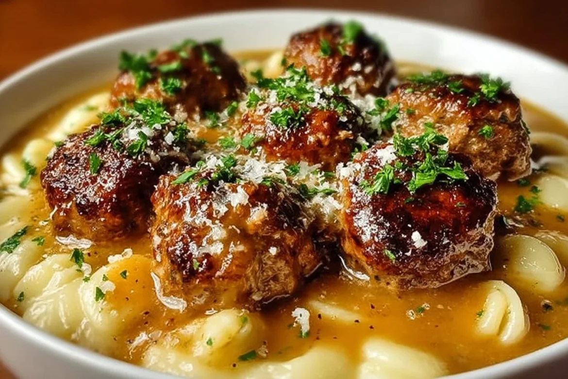 Bowl of Parmesan Italian Sausage Ditalini Soup garnished with herbs.