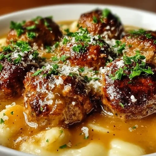 Bowl of Parmesan Italian Sausage Ditalini Soup garnished with herbs.