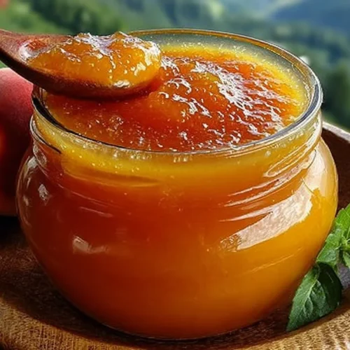 Jar of homemade Peach Butter with fresh peaches