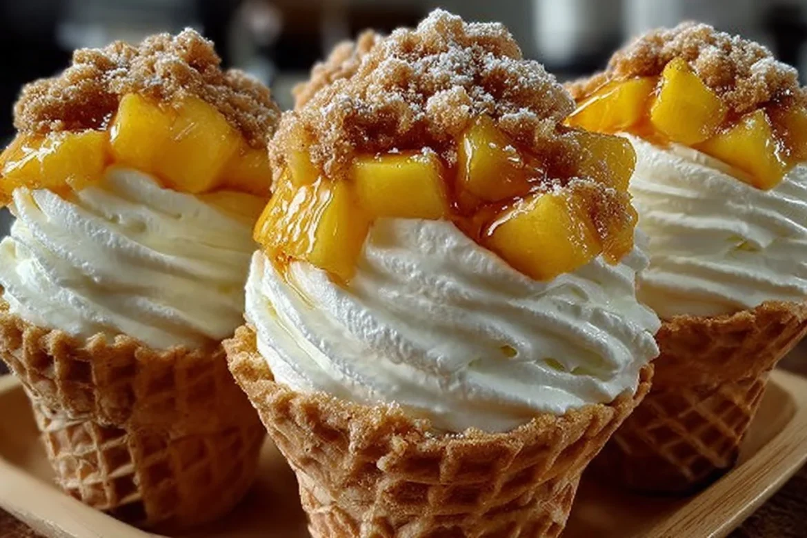 Peach cobbler cheesecake cones topped with fresh peaches and whipped cream.