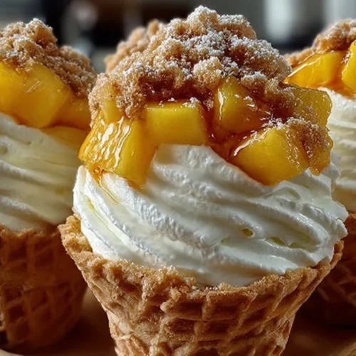Peach cobbler cheesecake cones topped with fresh peaches and whipped cream.