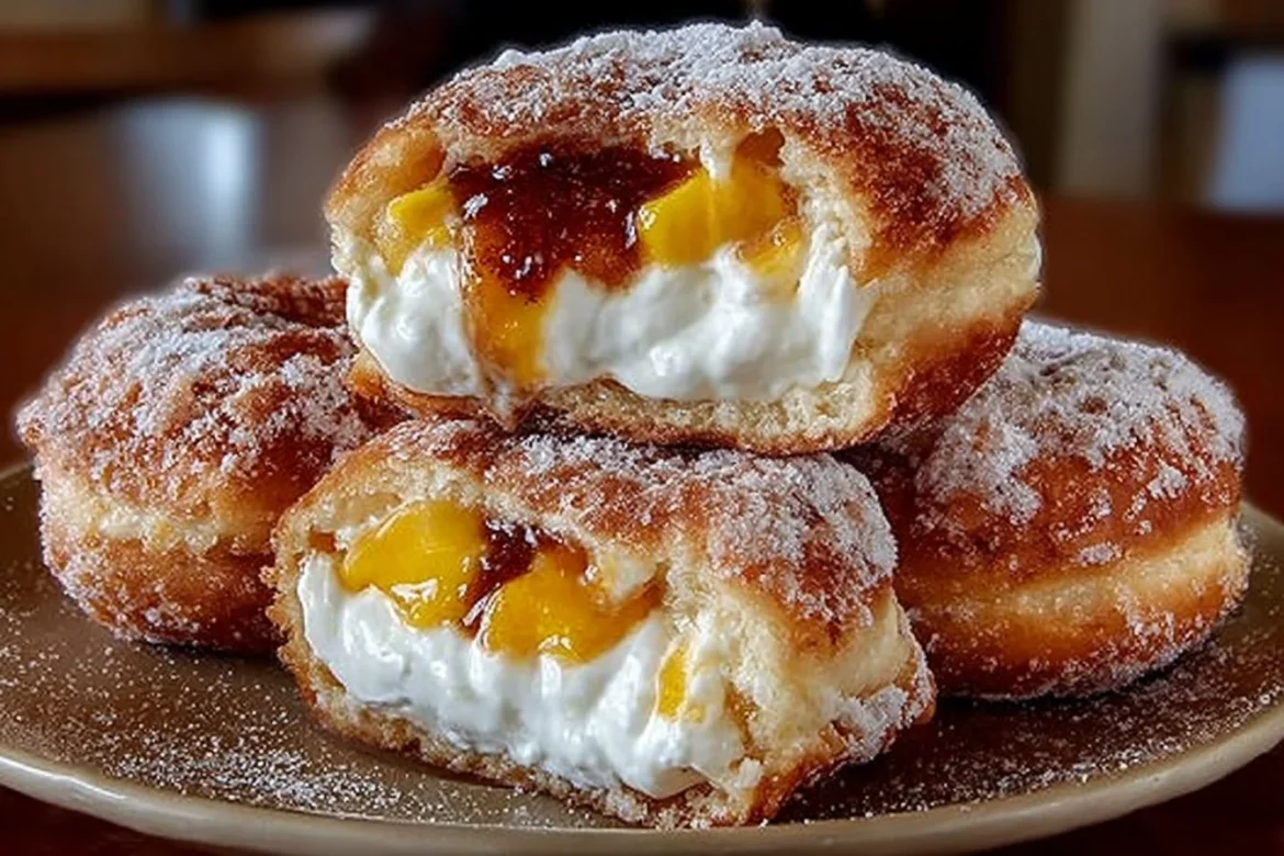 Peach cobbler cheesecake-stuffed donuts drizzled with glaze