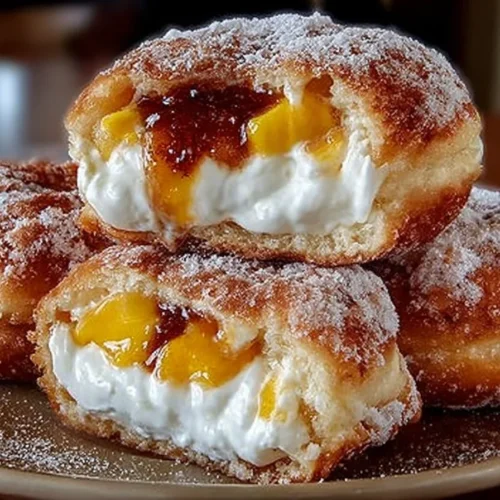 Peach cobbler cheesecake-stuffed donuts drizzled with glaze