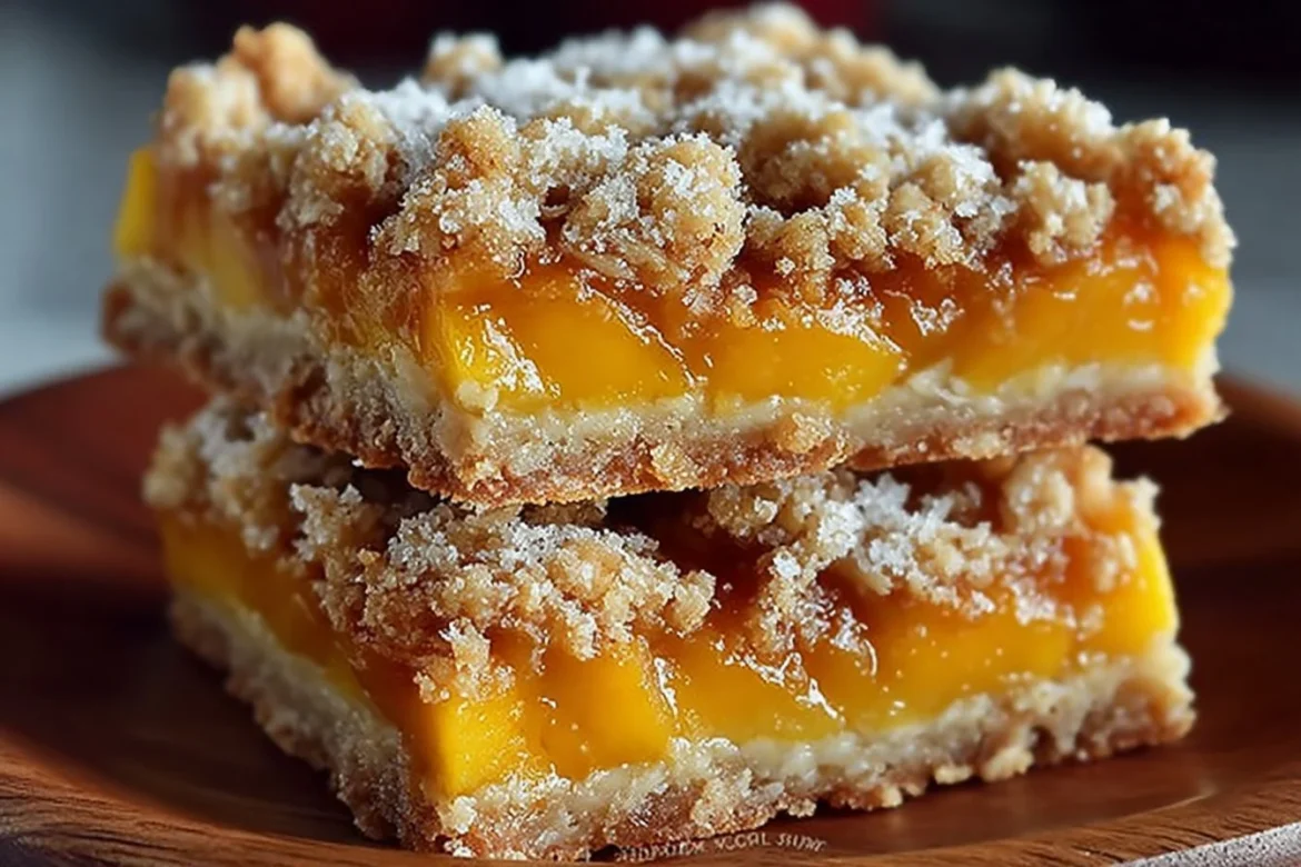 Delicious peach crumble bars with a golden crumble topping and fresh peaches