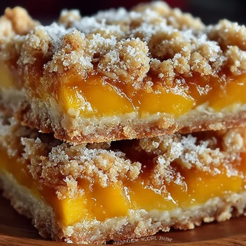 Delicious peach crumble bars with a golden crumble topping and fresh peaches