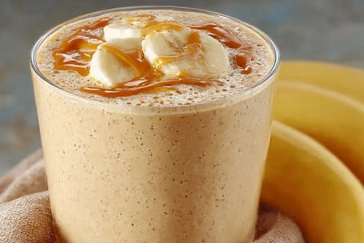 Peanut butter banana smoothie served in a glass with a straw.