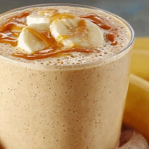Peanut butter banana smoothie served in a glass with a straw.