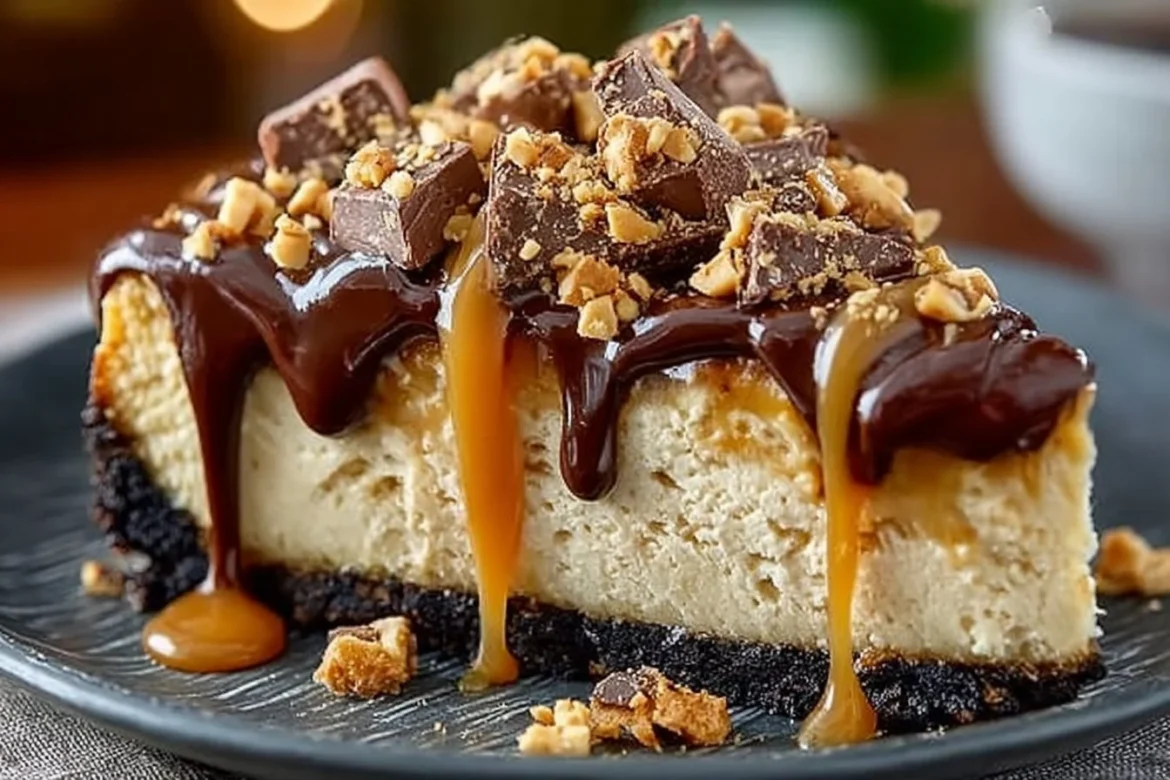 Delicious slice of peanut butter cheesecake topped with chocolate drizzle