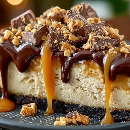 Delicious slice of peanut butter cheesecake topped with chocolate drizzle