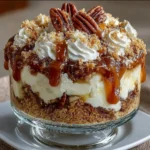 Delicious pecan pie cheesecake trifle served in a glass dish