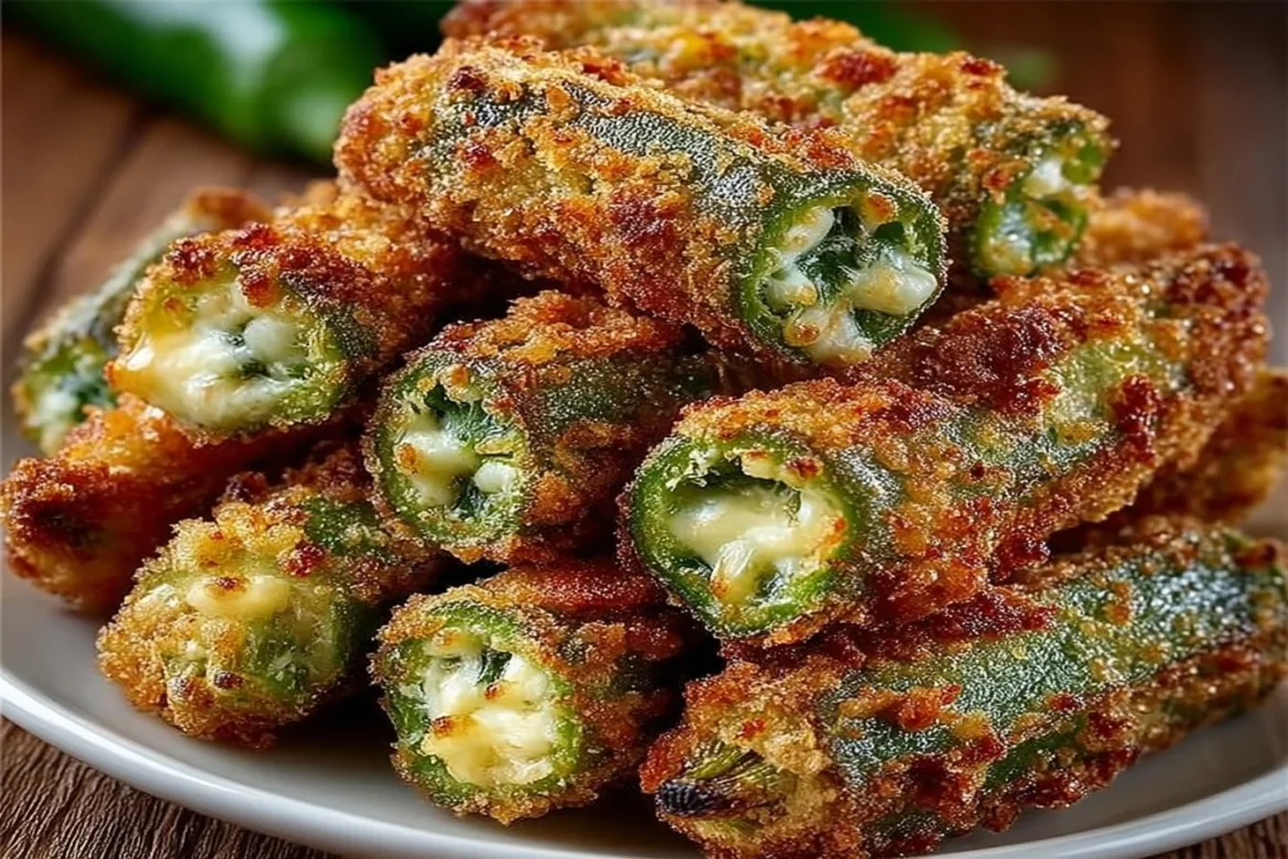 Pepper Jack Cheese stuffed fried okra, a delicious appetizer dish