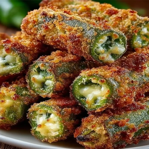 Pepper Jack Cheese stuffed fried okra, a delicious appetizer dish