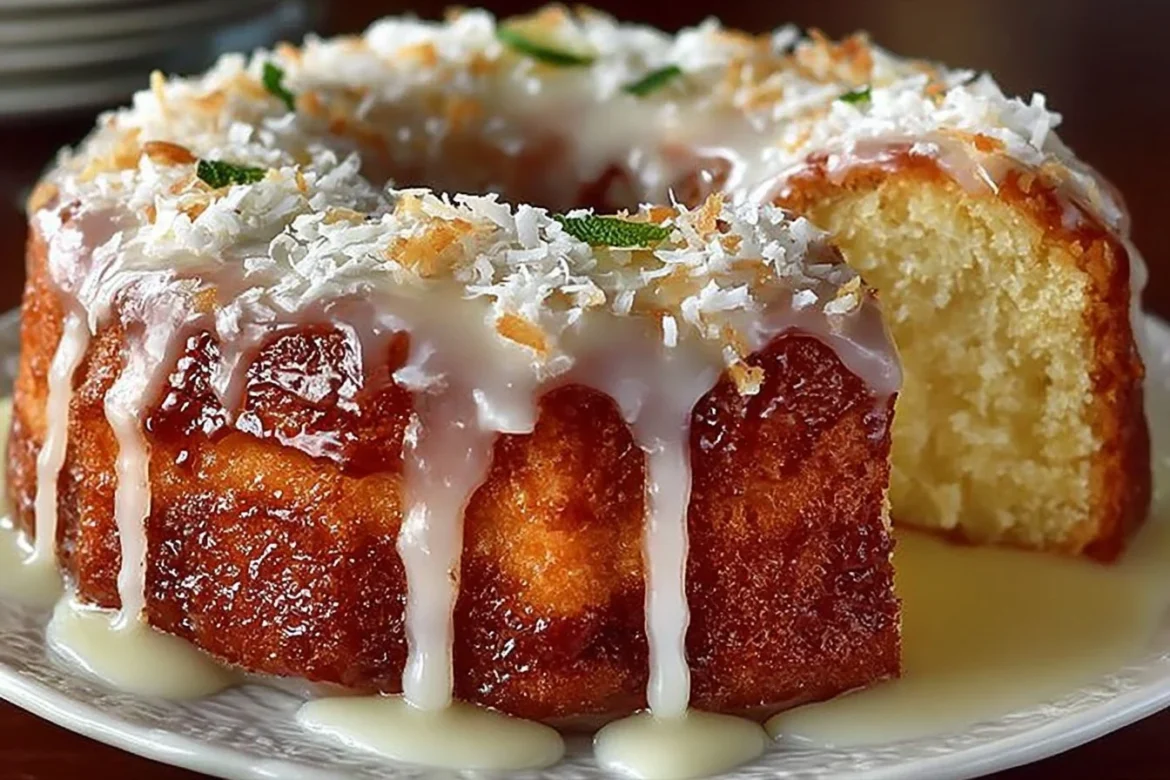 Delicious Pineapple Colada Pound Cake with tropical flavors of pineapple and coconut.
