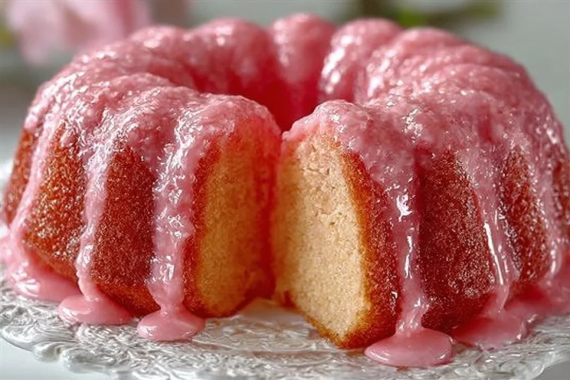 Delicious Pink Lemonade Pound Cake with vibrant pink glaze and lemon slices