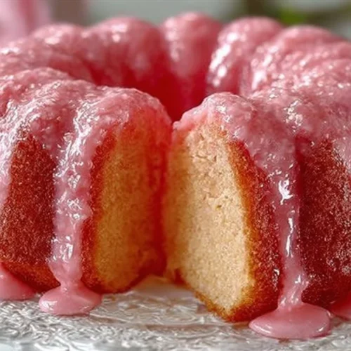 Delicious Pink Lemonade Pound Cake with vibrant pink glaze and lemon slices