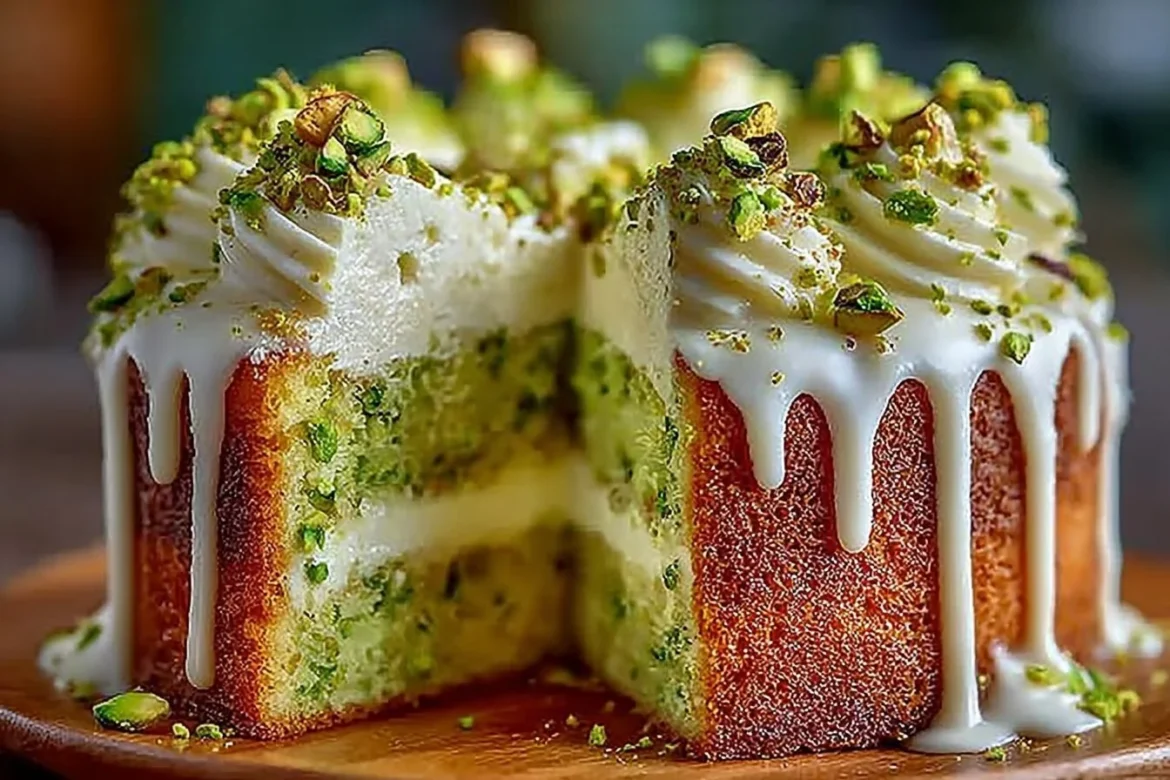 Delicious Pistachio Cream Cake with creamy frosting and pistachio nuts on top
