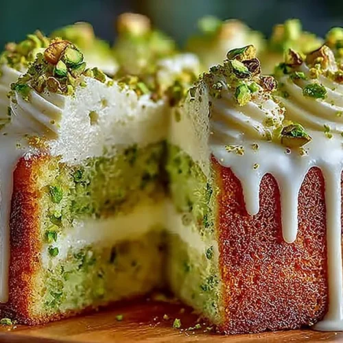 Delicious Pistachio Cream Cake with creamy frosting and pistachio nuts on top