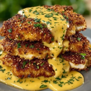 Pretzel-crusted chicken served with creamy mustard cheddar sauce on a plate