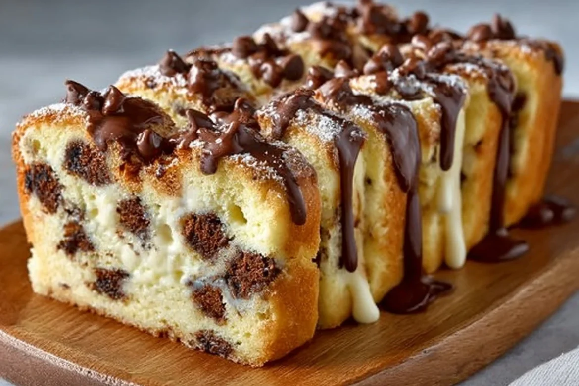 Pull-Apart Cookie Dough Cheesecake Loaf slice on a plate with toppings
