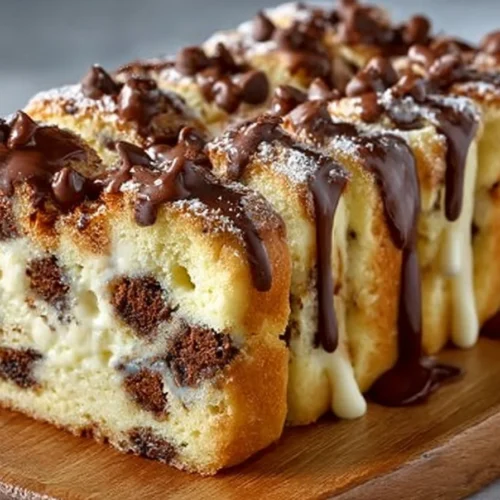 Pull-Apart Cookie Dough Cheesecake Loaf slice on a plate with toppings