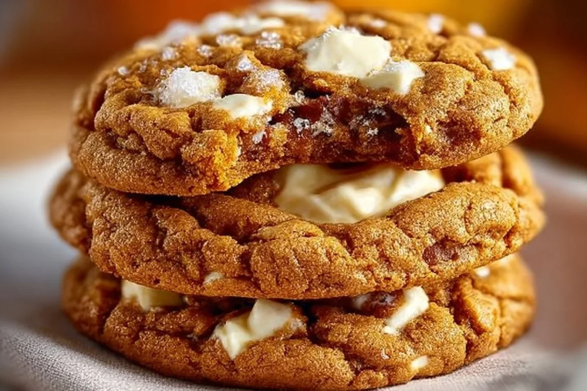 Freshly baked Pumpkin Cheesecake Cookies on a plate with autumn decorations.