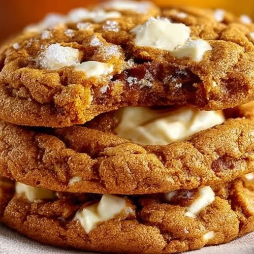Freshly baked Pumpkin Cheesecake Cookies on a plate with autumn decorations.
