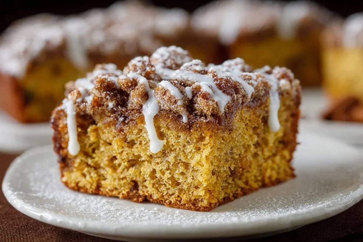 Delicious slice of Pumpkin Spice Coffee Cake topped with cream.