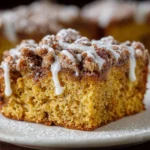 Delicious slice of Pumpkin Spice Coffee Cake topped with cream.