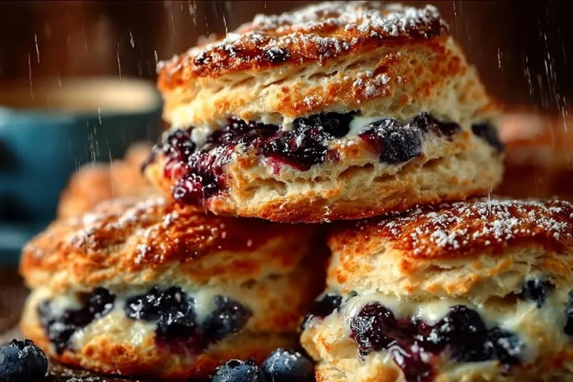 Freshly baked quick blueberry biscuits on a cooling rack.