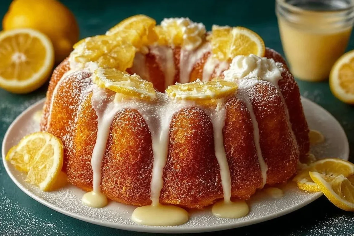 Quick Lemon Pudding Bundt Cake topped with lemon glaze and fresh berries
