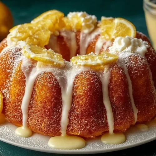 Quick Lemon Pudding Bundt Cake topped with lemon glaze and fresh berries