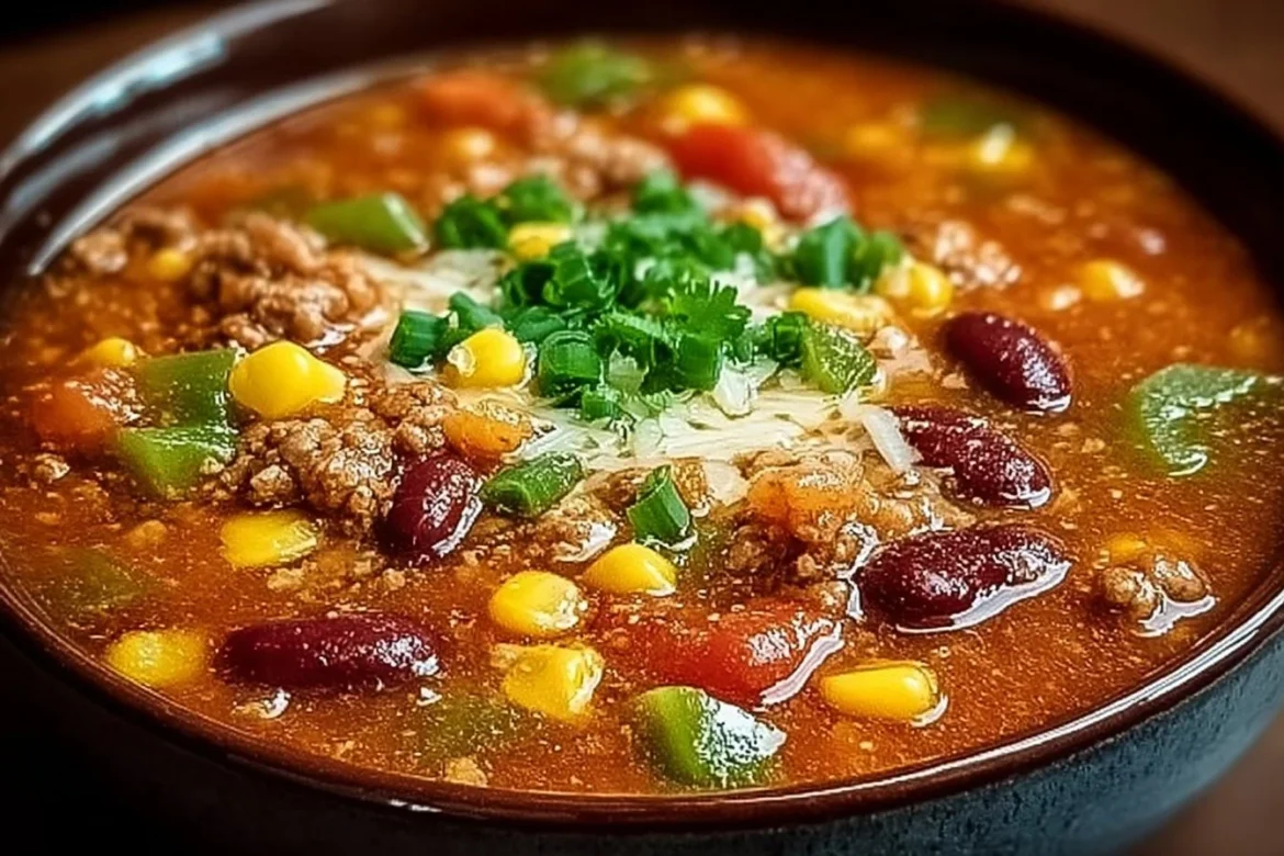 Bowl of delicious Ranch Taco Soup topped with toppings and served with crackers.