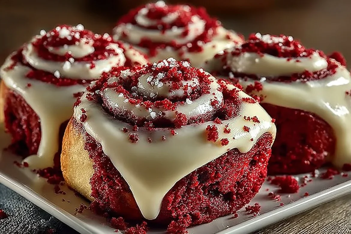 Red velvet cinnamon rolls topped with cream cheese icing on a plate