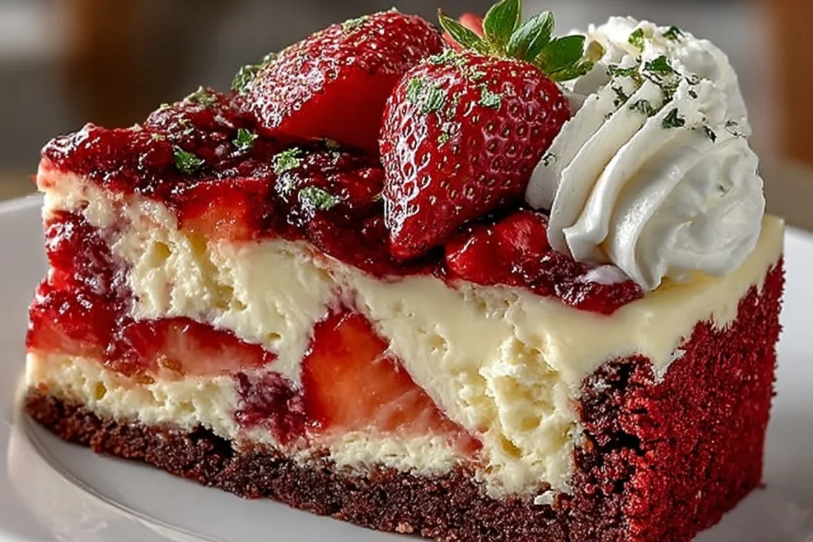 Slice of Red Velvet Strawberry Cheesecake topped with fresh strawberries