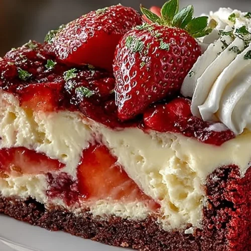 Slice of Red Velvet Strawberry Cheesecake topped with fresh strawberries