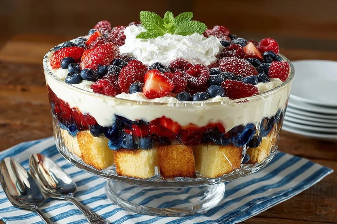 Red, White, and Blue Trifle dessert with layers of fruit and cream.