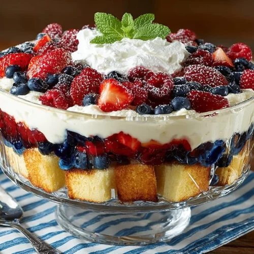 Red, White, and Blue Trifle dessert with layers of fruit and cream.