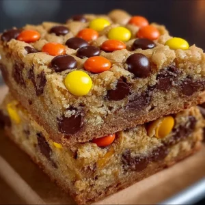 Delicious Reece’s Pieces chocolate chip cookie bars with colorful candy toppings.
