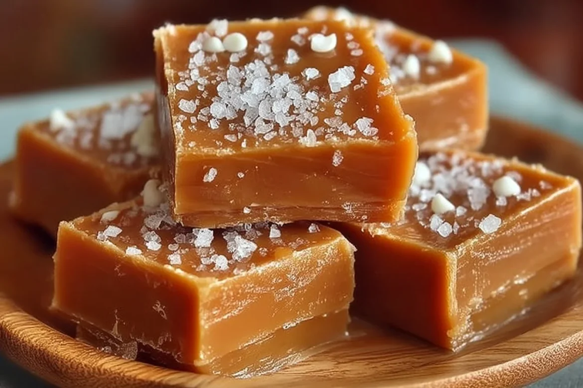 Delicious homemade salted caramel fudge on a plate with a sprinkle of sea salt.